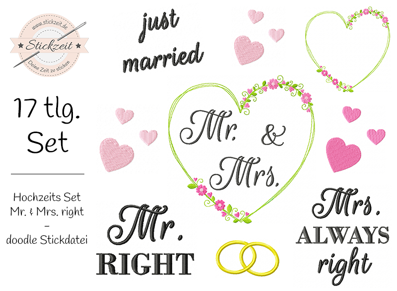 Hochzeits Set Mr and Mrs right - Vollstick Stickdatei
